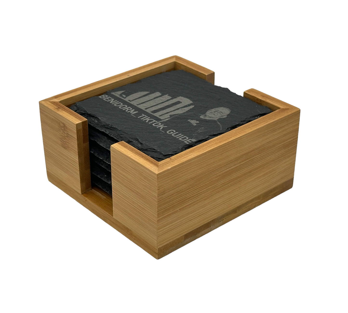 Benidorm Tik Tik Guide Set of 6 Square Slate Coasters in a Bamboo Holder