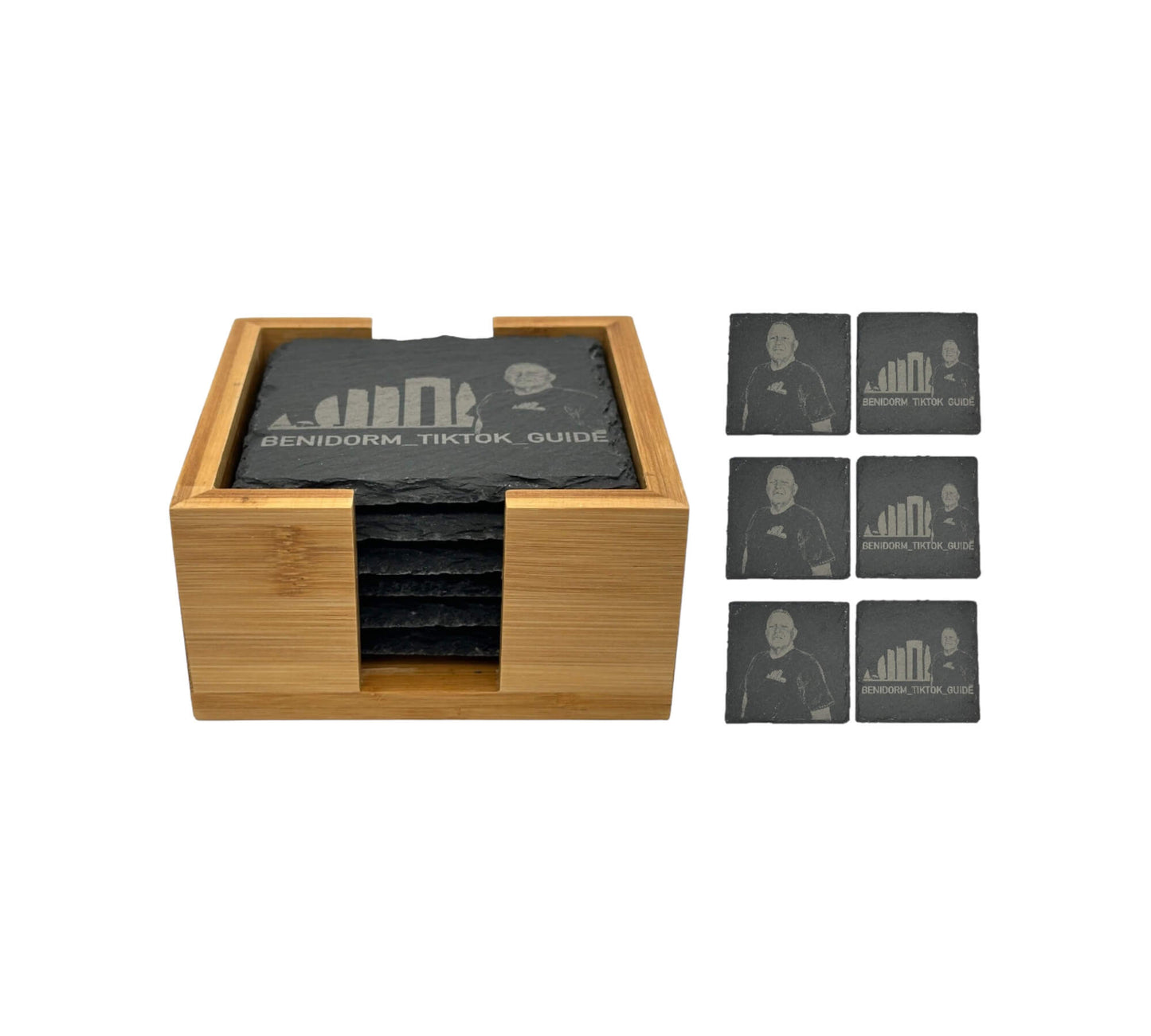 Benidorm Tik Tik Guide Set of 6 Square Slate Coasters in a Bamboo Holder