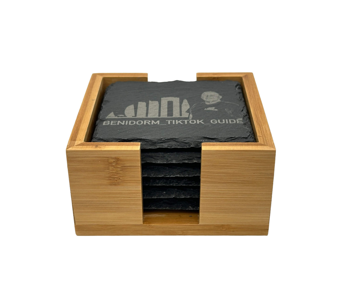 Benidorm Tik Tik Guide Set of 6 Square Slate Coasters in a Bamboo Holder